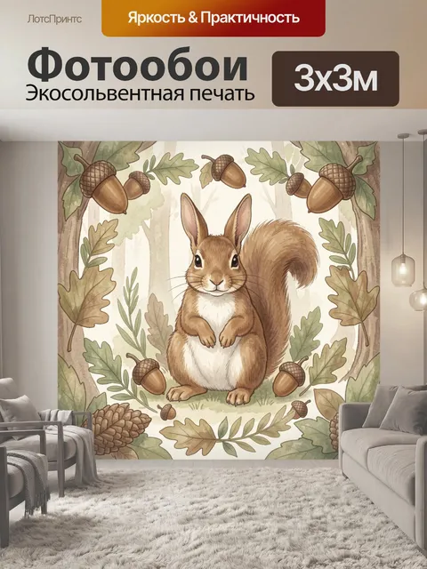 Фотообои Белка среди дубовых листьев и желудей