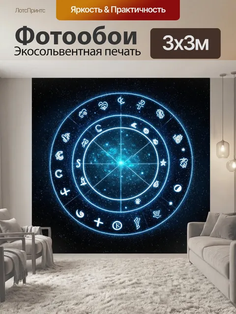 Фотообои космос в стиле флэт с планетарием, где звезды образуют знаки зодиака, расположенные в интересных формациях