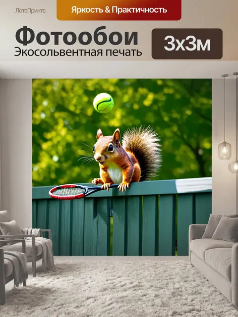 Фотообои яркая белка, играющая в теннис на заборе, держит ракетку своими маленькими лапками, а мяч летит прямо над…
