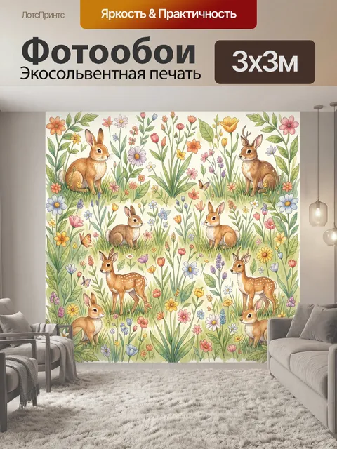 Фотообои Лесные зайцы среди цветов