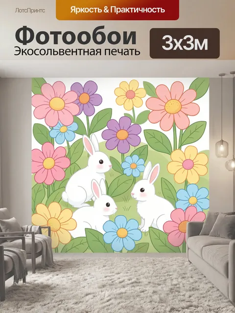 Фотообои Зайчики среди ярких цветов