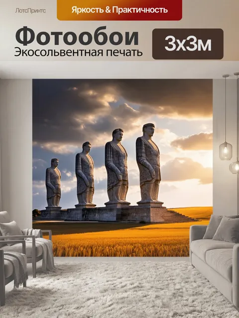 Фотообои камень, изображающие великанские статуи, высеченные из серого камня на фоне ровного золотистого поля