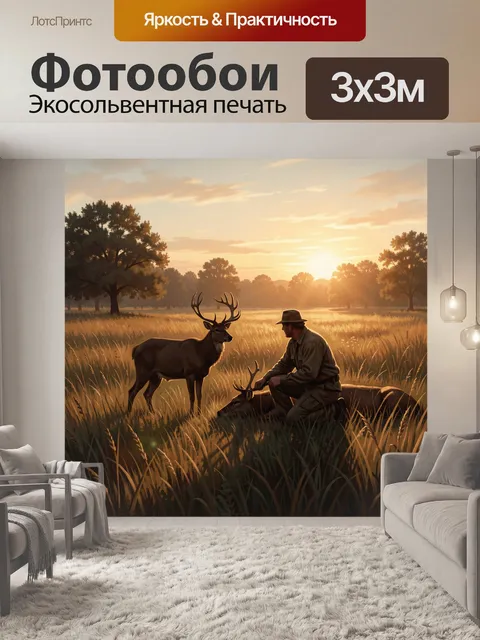 Фотообои Охотник и олень на закате