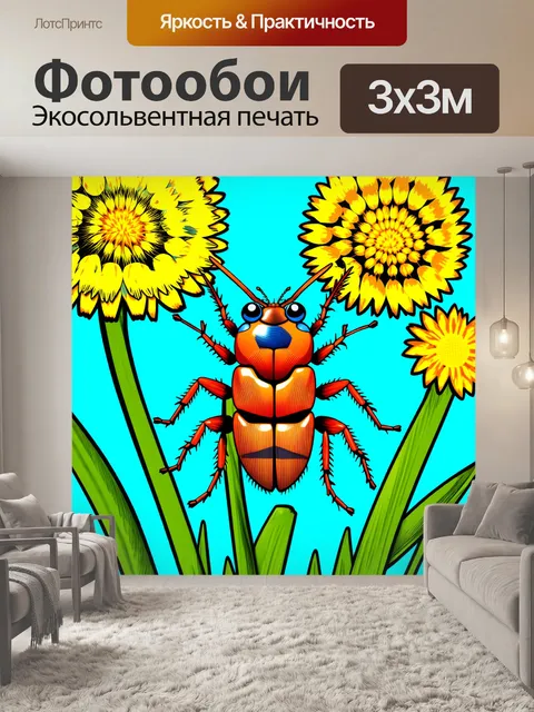 Фотообои таракан, сидящий на одуванчиках, изображенный в технике стиля комиксов: яркие цвета, четкие линии и…