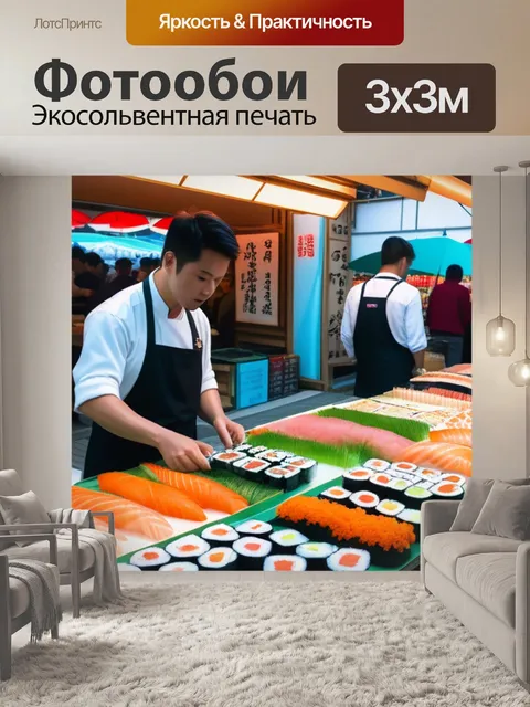 Фотообои красочный рынок с уличными продавцами суши