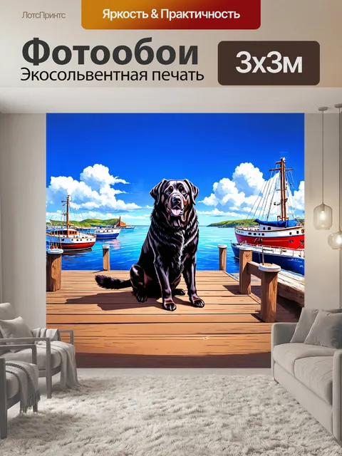 Фотообои черный как уголь **ньюфаундленд** сидит на деревянном причале