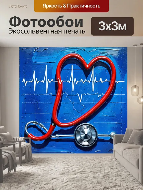 Фотообои создайте изображение, где стетоскопу придана форма сердца, с электрокардиограммой, выравненной по его контуру