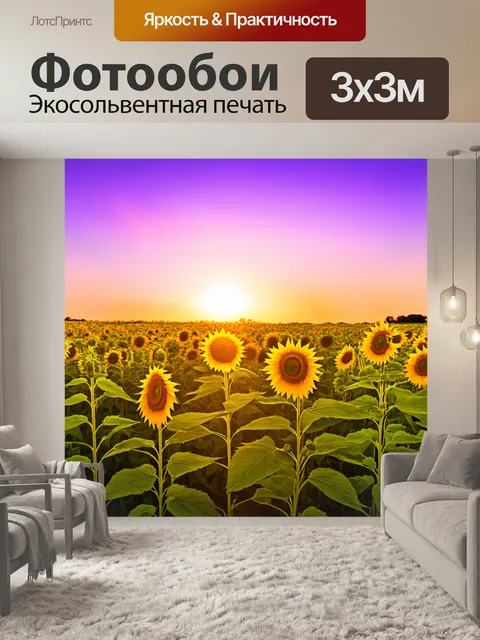 Фотообои закат среди полей, золотые цветы подсолнуха, легкий ветерок, небо окутано пурпуром