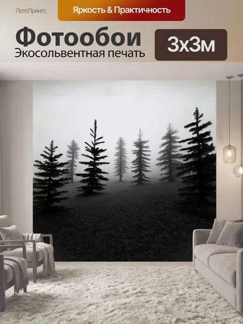 Фотообои ели в туманном лесу, окутанные туманом, сфотографированные в черно-белом цвете с использованием…