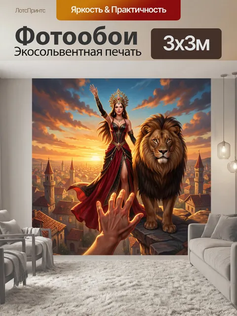Фотообои Королева и лев на закате