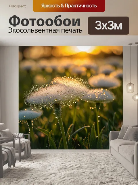 Фотообои пух, усыпанный капельками росы, искрится на восходе солнца, словно маленькие драгоценности в природе