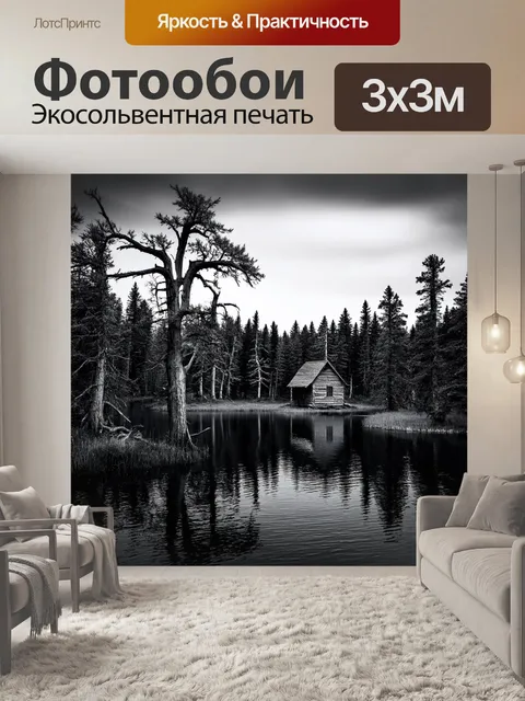 Фотообои озеро в черно-белом стиле, заброшенная хижина и кривые деревья