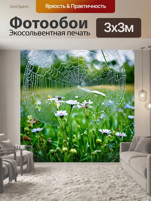 Фотообои природа в стиле эжен делакруа, где паутина покрывает утренние цветы, создавая ощущение свежести