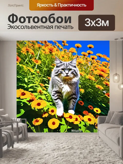 Фотообои мейн кун, забравшийся на высокую грядку с цветами, наслаждается солнечным днем