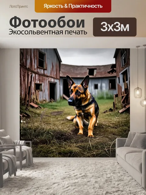 Фотообои описание: создайте изображение немецкой овчарки, исследующей старую заброшенную ферму