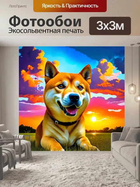 Фотообои сиба ину, играющий на фоне яркого и красочного заката, превращая облака в сладкие карамельные оттенки