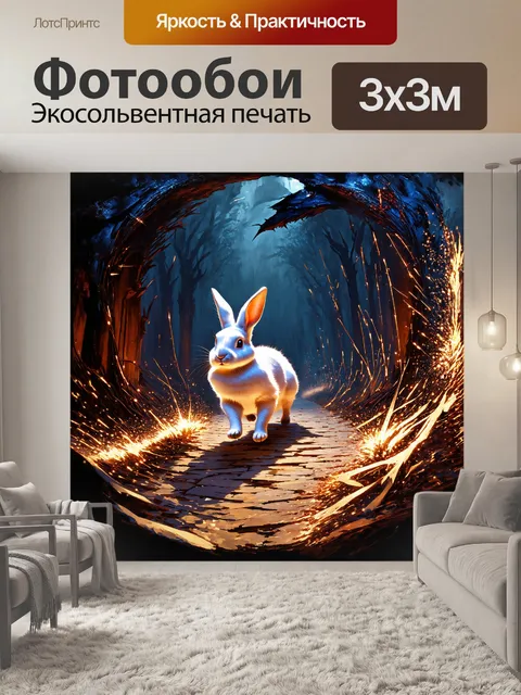 Фотообои на картине изображён белый кролик, стремящийся на краю огромного чёрного терния зла