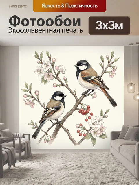 Фотообои Две синицы на цветущих ветках