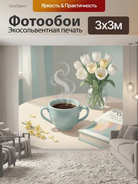 Фотообои Уютный натюрморт с кофе и цветами