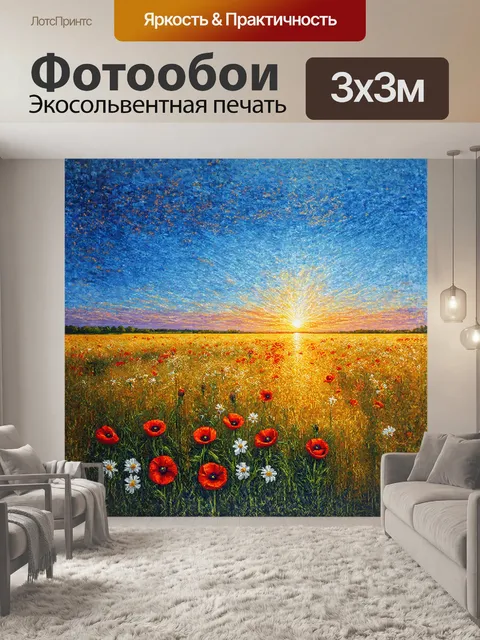 Фотообои прекрасный морской пейзаж открывается с полем ярких маков, обрамляющим бесконечное пшеничное поле