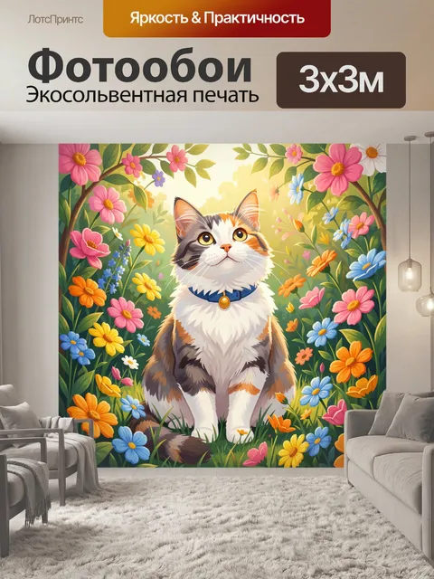 Фотообои Кот среди летних цветов