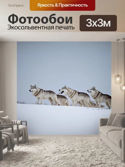 Фотообои россия тундра, стая белых волков, охотящихся на карибу, безмолвный снег и небо в оттенках серого