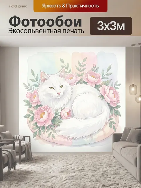 Фотообои Белая кошка в венке из пионов