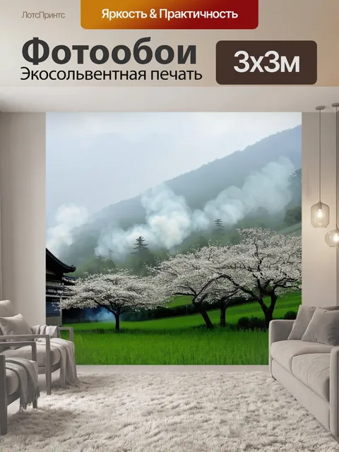 Фотообои япония показывают типичное утро в японских деревнях, где туман стелется по полям