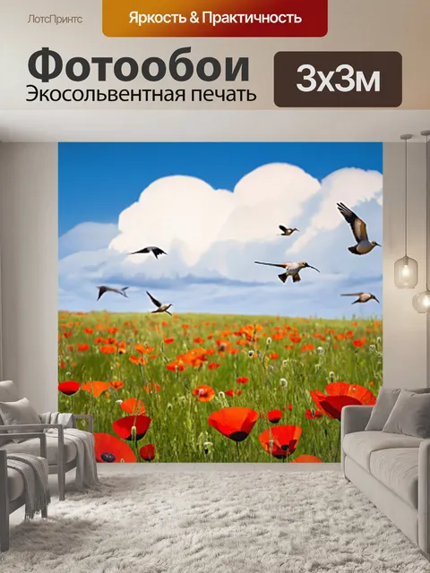 Фотообои весна, поле с яркими маками, качающимися на ветру, солнечный день, птицы летят на юг, бурное облачко в небе…