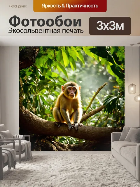 Фотообои обезьяна капуцин сидит на крепкой ветке в ярко-зеленом тропическом лесу