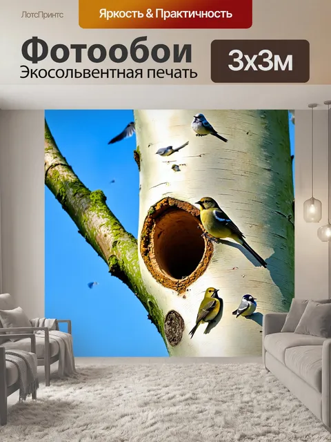 Фотообои берёза с дуплом, где живут птицы, на её ветвях взлетают синицы и голуби
