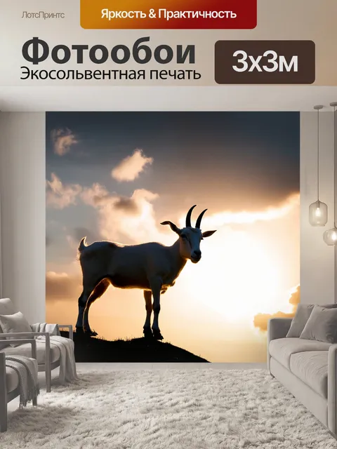 Фотообои на фоне заката, белый козел стоит на возвышенности, его силуэт выделяется на фоне яркого неба