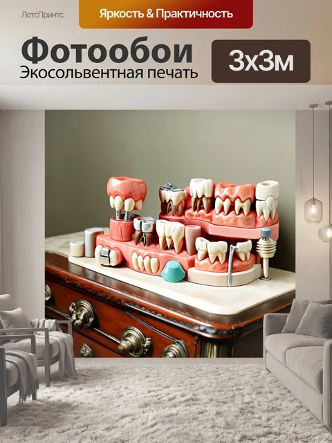 Фотообои изобразите коллекцию зубных протезов в анатомическом контексте, располагая их на старинном медицинском столе