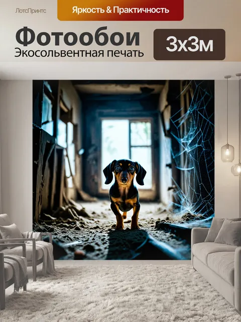 Фотообои щенок таксы-дапла, исследующий старый заброшенный дом, среди пыли и паутины