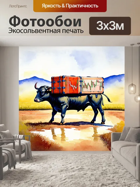 Фотообои бык, несущий на себе огромный чемодан, полон графиков, символизирующих фондовый рынок, заполняет центральное…