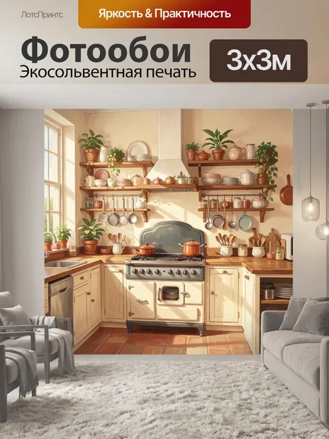 Фотообои Уютная кухня с полками и зеленью