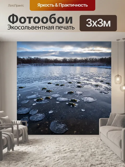 Фотообои зимний пруд, покрытый льдом, с нечёткими тенями лягушек, скрывающихся под ним