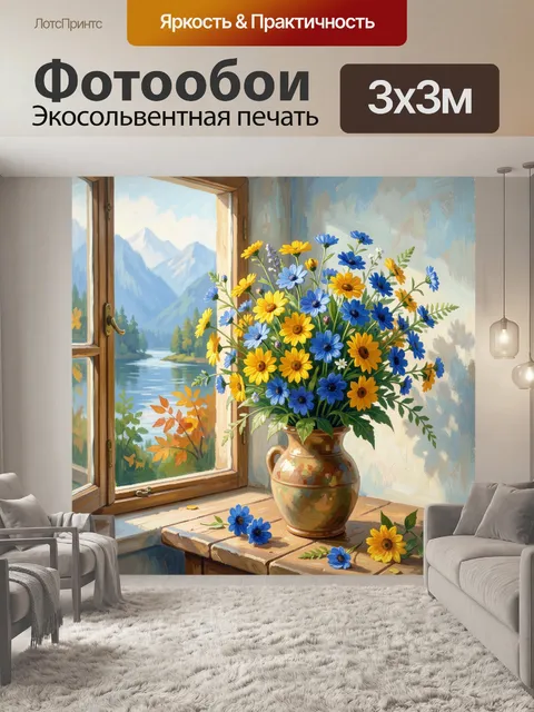 Фотообои Полевые цветы у окна с горами