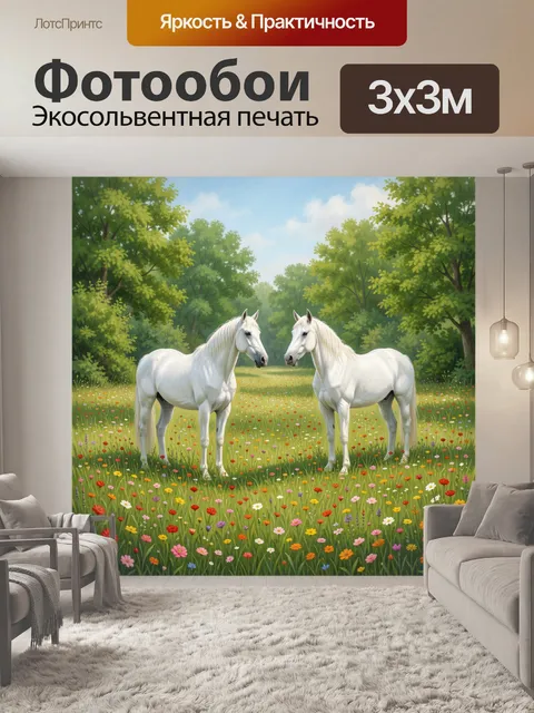 Фотообои Две белые лошади на лугу