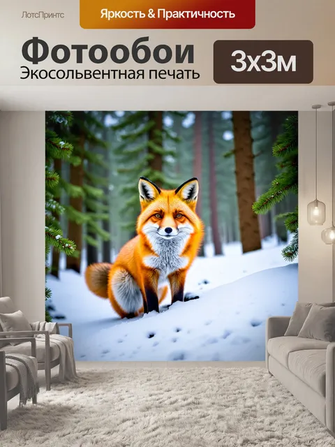 Фотообои лиса в зимнем лесу, покрытом снегом