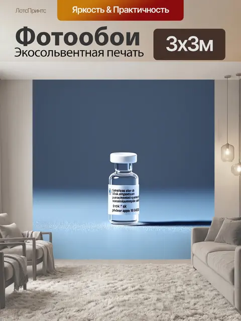 Фотообои флакон с вакциной, поставленный на строгом фоне, который подчеркивает его яркие цвета, выполненное в стиле…