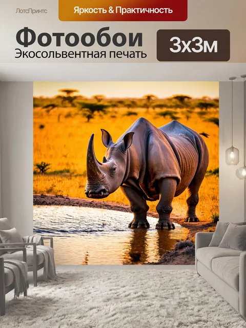 Фотообои носорог, стоящий у водопоя в саванне на закате