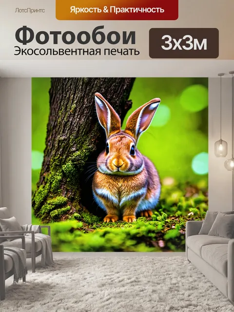 Фотообои лесной зайчик, прячущийся за деревом