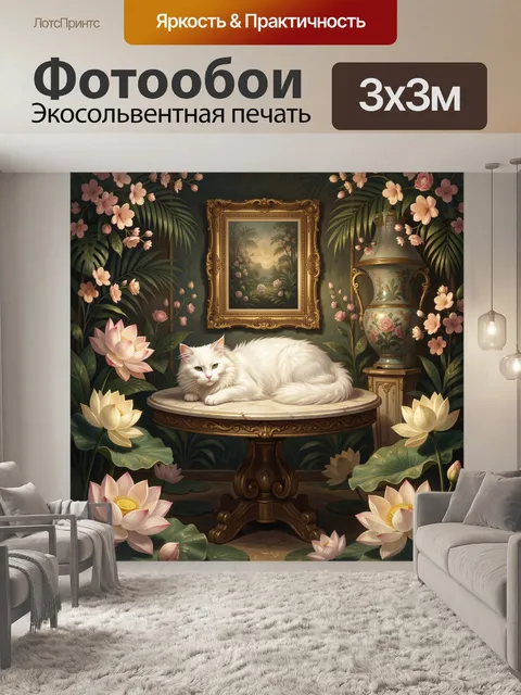 Фотообои Белая кошка среди лотосов