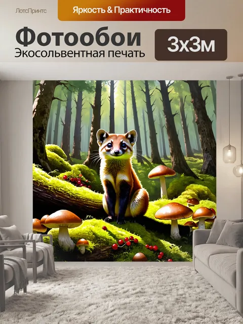 Фотообои уютный лес, сплошь покрытый мхом, где куница задумчиво сидит на коряге, среди диких грибов и ярких ягод