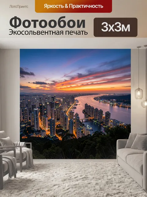 Фотообои Ночной мегаполис у реки на закате