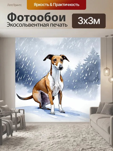 Фотообои борзая на фоне заснеженной местности, где её шерсть контрастирует с белизной снега