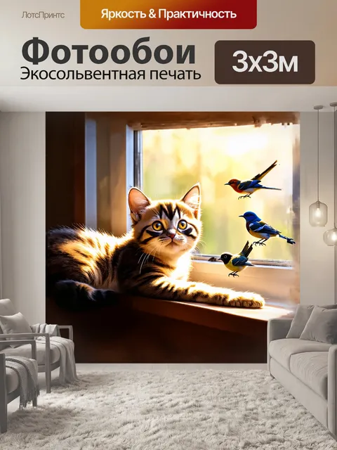 Фотообои котенок лежит на окне, его любопытные глаза внимательно следят за птичками на улице
