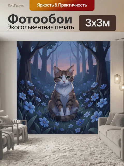 Фотообои Кот среди синих цветов в лесу