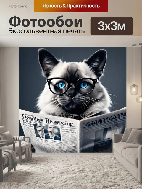 Фотообои кошка в очках, читающая газету